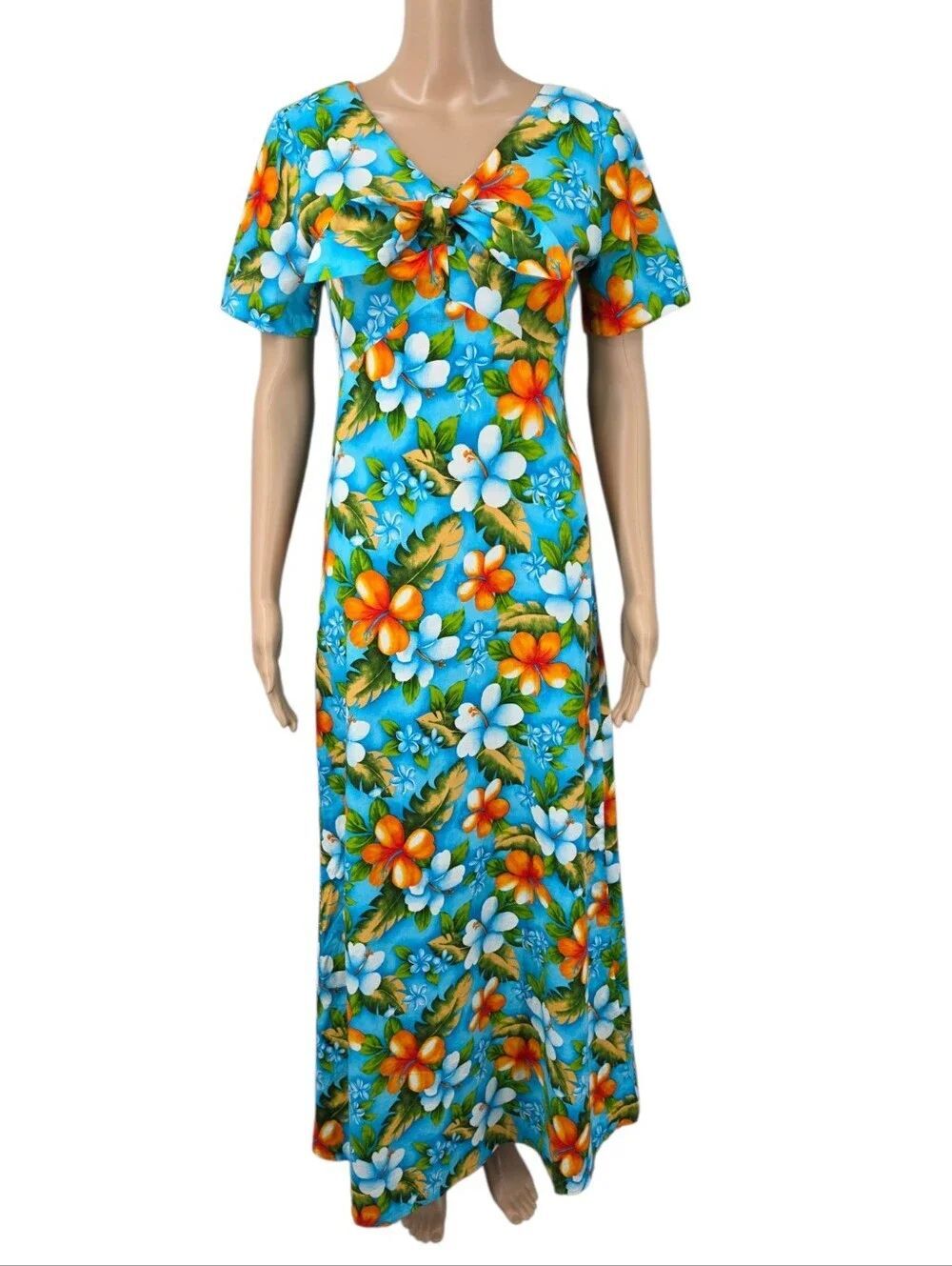 Winnie Fashion Tropical Floral Maxi Dress Empire Waist Short Sleeves Tie Front